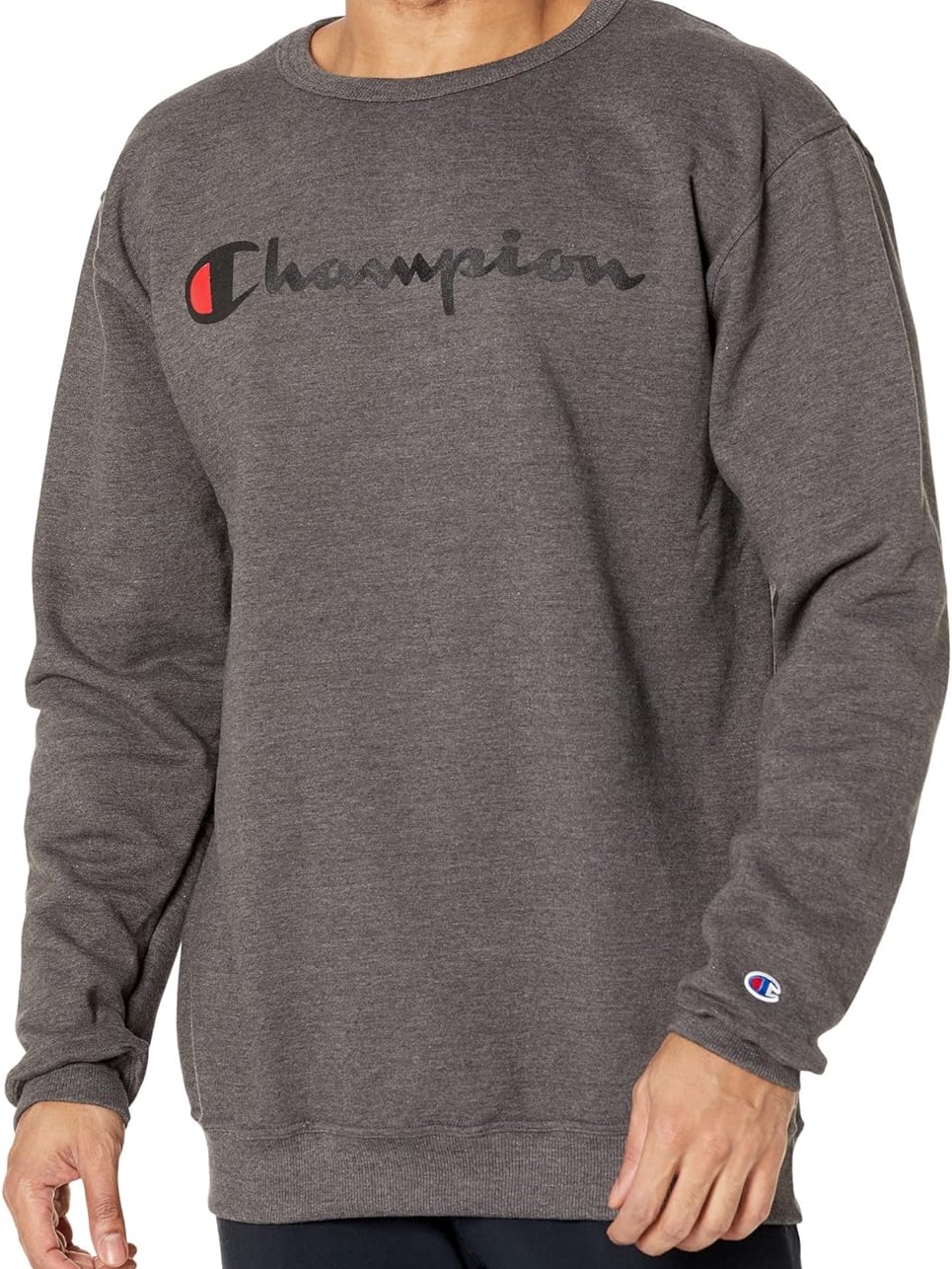 Champion Men’s Powerblend Granite Heather Gray Graphic Crewneck Sweatshirt